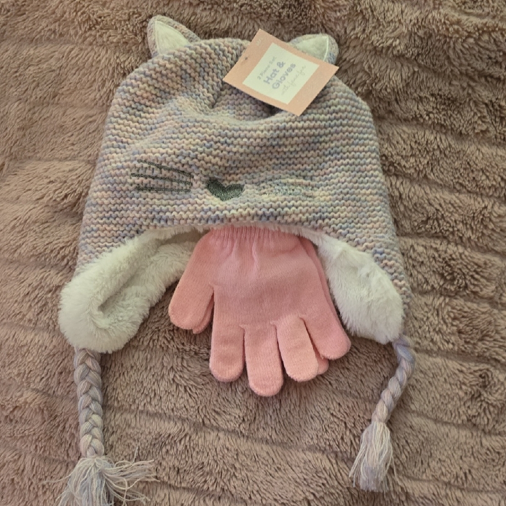 New Knit Cat Ears Hat and Pink Gloves Set